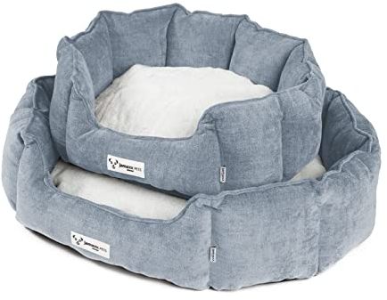 JAMAXX Oval-Rundes Hunde-Körbchen, Kuschelig mit Flauschigem Wendekissen Fell, Hunde-Bett Hunde-Korb mit Extra Hohen Seitenwände, PDB2090 ((S) 54x45, Ice-Blue)