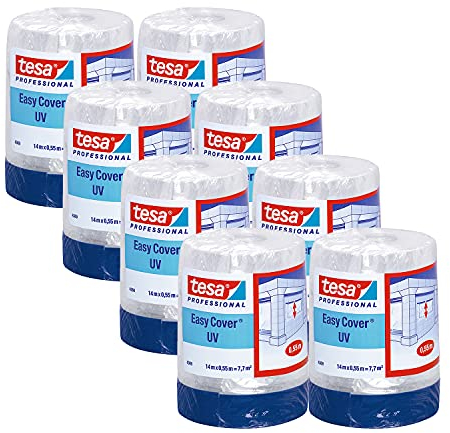 tesa Easy Cover 4369 UV - 8er Pack - Malerfolie mit Gewebeband zum Abkleben und Abdecken im Außenbereich - 2-in-1 Abklebeband mit Folie - blau, matt - je 14 m x 0,55 m