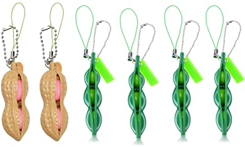Houhounb Squeezes Spielzeug Squeeze Toys Bean Bohne Anhänger Schlüsselanhänger Toys Squeeze Lustige Gadgets Reduziert Angst und Stress für Handy Kette, 4 Edamame+ 2 Erdnuss