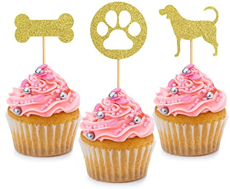 Cupcake-Topper mit goldenem Glitzer, Motiv: Welpe, Hund, Palme und Knochen, für Haustier-Themen, Babyparty, Geburtstag, Party, Hochzeit, Party, Kuchendekoration, Zubehör, Picks, 24 Stück