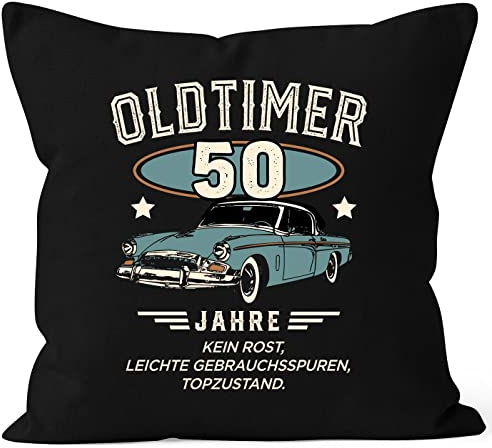 MoonWorks® Kissen-Bezug Geburtstag personalisiert Oldtimer Auto anpassbares Motiv Retro Geschenk für Männer schwarz 40cm x 40cm