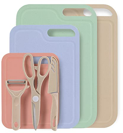 Arquiel Taglieri in Plastica per La Cucina, 7 PCS Taglieri Cucina Set Campeggio Colorato Dimensioni Multiple con Pelapatate, Forbici, Coltello da Cucina