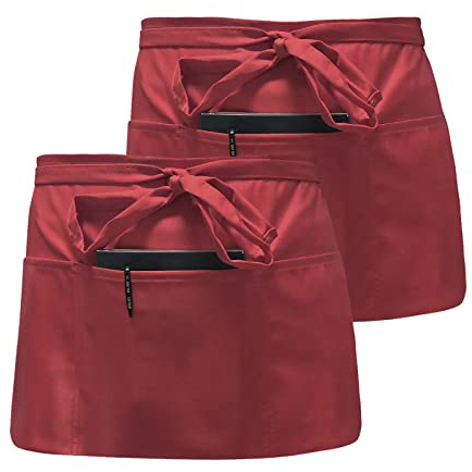 2 Pack Taillen Schürze, Vorbinder Schürze Wasserdicht, Schürze kurz staubdicht, Halbe Schürze mit 3 Taschen, Schürze Kochen für Damen & Herren, Chef, Bäcker, Servers, Kellner, Handwerker (Weinrot)