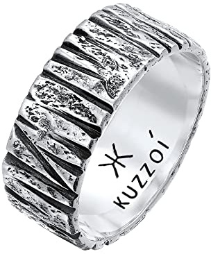 Kuzzoi Herrenring strukturiert Bandring massiv (9 mm) 925 Silber | 925 Sterling Silber Silberring gehämmert Ring oxidiert für Männer Ringgröße 60 - 66