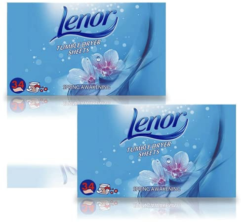2 Pack of Lenor Tumble Dryer Fabric Conditioner Sheets Spring Awakening 34 Sheets for Clean & Soft Fabrics, Essential Fragrance with Revitalising Scent