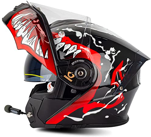 Eingebauter Bluetooth-Motorradhelm Für Erwachsene, Männer Und Frauen, Modularer Hochklappbarer Vollgesichts-Straßenrad-Rennhelm, Doppelvisier, Sprachwahl/Freisprechfunktion,Venom,4XL
