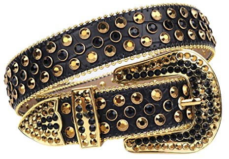 Herren Damen Gürtel Diamant verkrustete Gürtel Schwarz Gelb 42 Zoll, Schwarz / Gelb