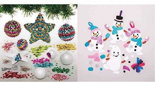 Baker Ross AX383 Pailleten-Weihnachtskugel-Set, 10 Stück, machen Sie Ihren eigenen Weihnachtsbaumschmuck & AT160 Weihnachtskugeln Mix & Match Schneemann (6 Stück)