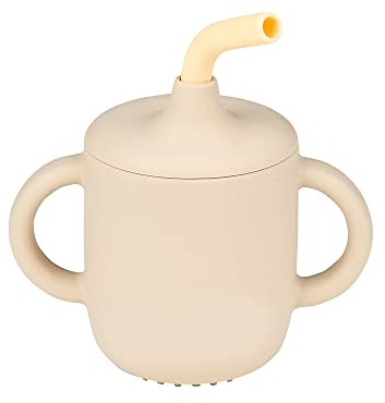 Nattou Silikon-Trinkbecher für Kinder, 3-tlg., 1 Becher mit Deckel, 1 Strohhalm, 1 Reinigungsbürste, BPA-frei, Silicon, Beige