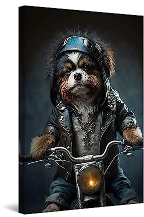 Startonight Impression sur Toile Lumineux - Chien de Moto - Grande Tableau Decoration Murale Prêt à Accrocher Peinture Moderne et Contemporaine 60 x 90 cm Idée Cadeau Élégante et Originale