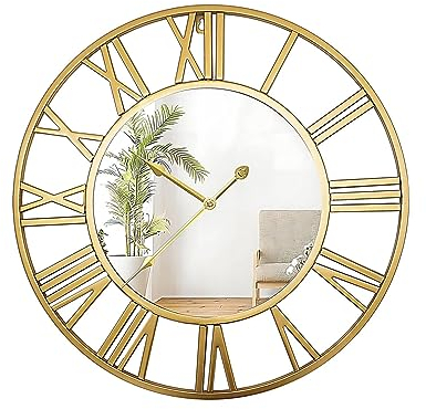 QHENS Wanduhr Groß Ohne Tickgeräusche, 50CM Wanduhr Gold Vintage, Wanduhren Lautlos 15dB für Wohnzimmer, Mit Acryl-Spiegel & Römischen Zahlen, Klar Ablesbar