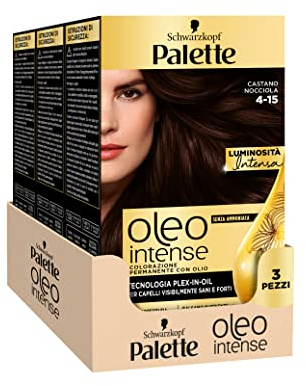Schwarzkopf Palette Oleo, colorazione permanente copertura professionale capelli bianchi, 4-15 Castano Nocciola, confezione da 3