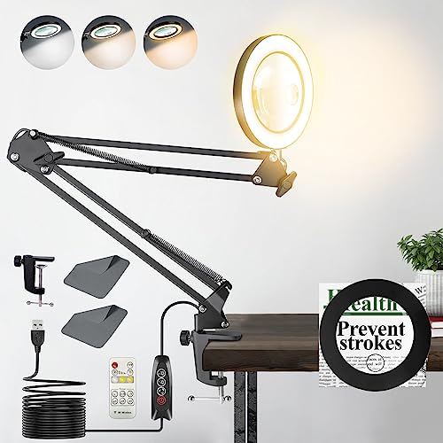 ZABOUL Lupe mit Licht, 10 Fach 15 Fach Lupenleuchte mit Klemme, Verstellbare Arm Lupenlampe Kosmetik mit 3 Modi Farben und Stufenlos Dimmbaren, Magnifying Glass with Light