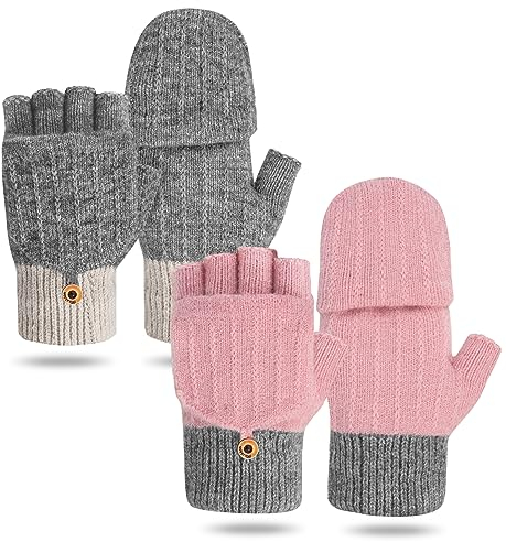 Fingerlose Handschuhe Damen Winter Warme Fäustlinge Strickhandschuhe Mit Flip Top Sport Warm und Winddicht Winterhandschuhe für Damen und Herren 2 Paar