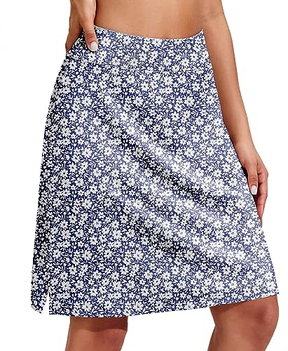 COOrun Wanderrock für Damen Tennis Skirt mit Taschen Leicht Tennisrock 2 In 1 Minirock mit Shorts Sport Skirt für Fitness Marineweißes Blumenmuster,XXL