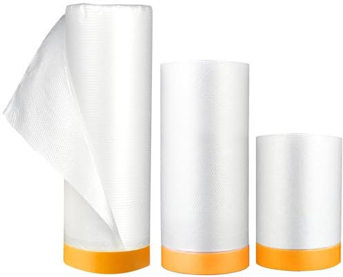 YZDZSW Película de gota de pintura de plástico, 3 rollos de película de enmascaramiento precintada, cinta y cortina de polvo, tela de plástico para polvo, rollos de lámina de polvo de plástico para
