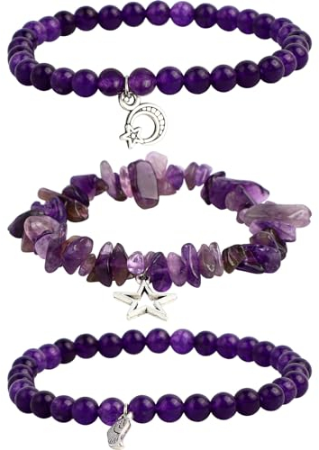 Runmeihe 3PCS Amethyst Kristall Stein Armbänder, natürliche Heilung Edelstein elastische Perlen Kette Schmuck, handgemachte Glück lila Quarz spirituelle Geschenke für Frauen