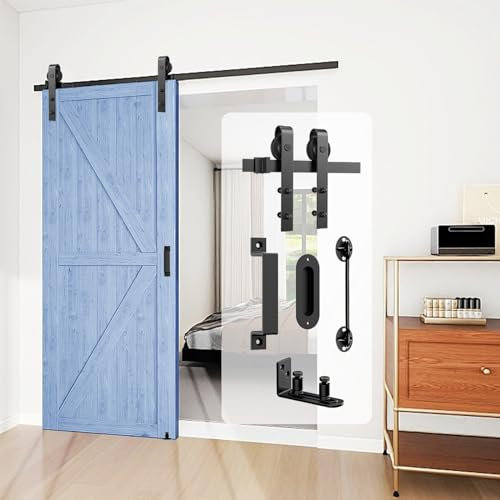 Arti-Life Barn Door Hardware Kit 6FT Heavy Duty Sliding Door Track Kit with Floor Guide and 2 Handles with Lock, Smoothly Hardware Kits for Interior Exterior Fit 34-36 Wide Panel (J Shape Hanger)