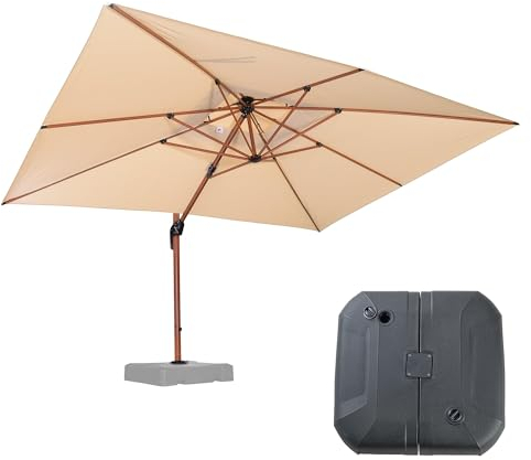 PURPLE LEAF Ampelschirm Rechteckig 300 x 400 cm mit Ständer Sonnenschirm Groß Holzoptik Aluminium Doppeldach, Marktschirm 360° Drehbar, Gartenschirm mit Kurbel, XXL, Sonnenschutz UV50+, Beige