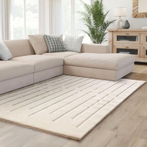 Interiyou Teppich Wohnzimmer Verona - 250x350 cm Creme - Für Schlafzimmer, Esszimmer, Kinderzimmer - Hochflor mit 3D-Effekt - geometrische Muster - Pflegeleicht