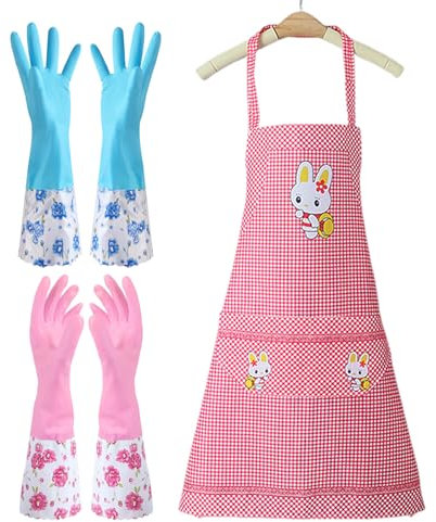 WUFGWBD 2 Pairs Of Dishwashing Gloves, 1 Apron, Household Cleaning Gloves, Long-Sleeved Wide Mouth Gloves, Waterproof Housework Gloves, Cleaning Gloves, Dishwashing And Cleaning Protective Set