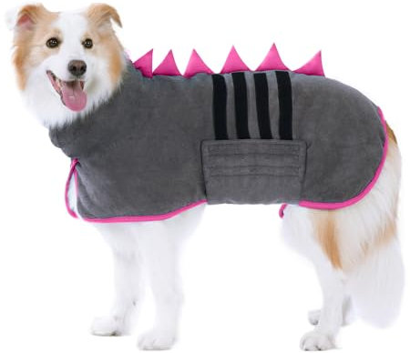 HezzLuv HundeBademantel Mikrofaser Schnell Trocknend, Einstellbar Hundehandtuch Extra Saugfähig für Mittel & Große Hunde, Einfach Anzuziehen Bademantel für Hunde (Grau-Rose, M)