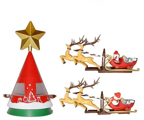 Mediawave Store - Puntale Rotante per Albero di Natale, Puntale Girevole a 360°, Punta per Albero con Babbo Natale con Renne, Luci Suoni e Movimento
