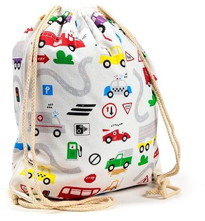 Grupo Darik Mochila saco infantil 40x30 cm – Bolsa cuerdas coches – Mochila gimnasio, colegio, guardería y excursiones – Loneta gruesa resistente(COCHES)