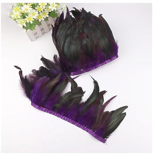 GreatRise 12 – 18 cm con molla di gallo naturale, bordatura a piuma, per fai da te, cucito, costume, decorazione viola, 2 m