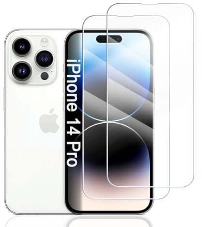 Hhfcryst Vetro Temperato per iPhone 14 Pro, 2 Pezzi Pellicola Protettiva, HD Trasparente, Senza Bolle, Durezza 9H, Anti Graffio