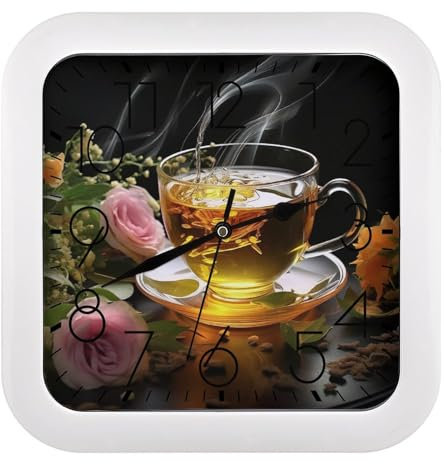 QWJKM Cup of Tea Wall Clock Retro Clock Battery Operated Square Wall Clock Water Resistant Alarm Clock Decorative Silent Clocks for Kitchen Or Living Room