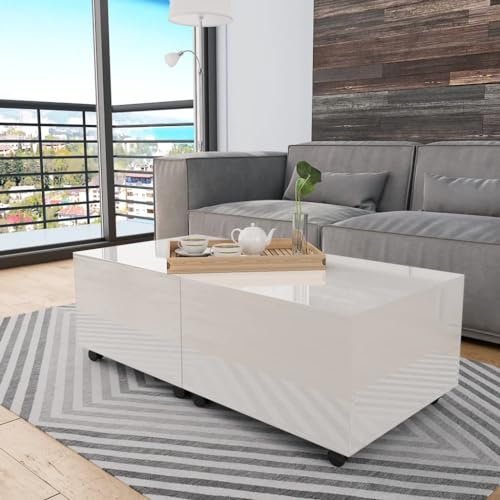 OHOOWOO Couchtisch Hochglanz-Weiß 120x60x35 cm,Ausziehbarer Couchtisch weiß Stilvoller Couchtisch aus HochglanzHolzwerkstoff mit Stauraum Couchtische, Kaffeetische
