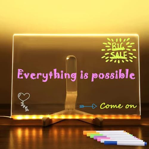 Led Note Board With Colors With Stand, Light Up Acrylic Message Board With 7 Colors Pen, DIY Writing Drawing Message Note Board Memo Menu To Do List for Office School Home (30 * 20cm)