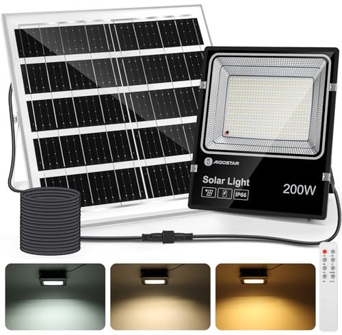 Aigostar - Projecteur Solaire LED d’extérieur avec Grand Panneau Solaire,5M Câble,16000mAH,Batterie de Grande Capacité,Dimmable 3000/4000/6500K,IP66,Lampe Solaire avec Télécommande,pour Jardin,Patio.