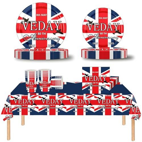 69P VE Day 80th Anniversary Party Tableware for VE Day Table Decoration,80 Years Victory In Europe Dinnerware Set Plastic Table Cloth,Paper Plates Cup Napkins for VE-Day 80th Anniversary Decorations