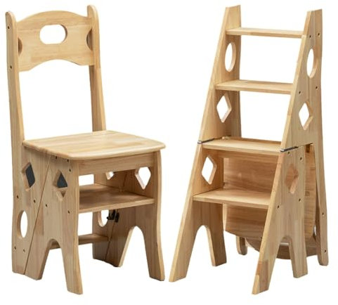 Sedia a scala pieghevole 2 in 1, sgabello a 4 gradini e espositore, versatile scala per biblioteca per casa e giardino, design in legno resistente (legno-B)