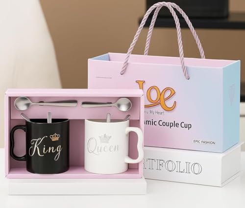 Coffret cadeau en céramique pour couple – Motif roi et reine – Tasses assorties pour elle et lui avec cuillères et coffret cadeau – Noir et blanc 350 ml – Cadeau romantique pour anniversaire, mariage