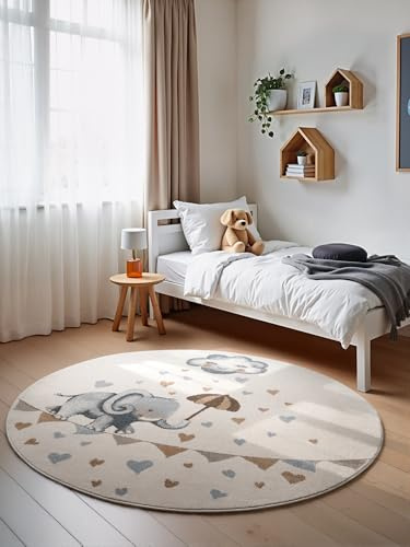 Villeroy & Boch Boho Kids - Kinderteppich Rund - Walk Like an Elephant Rainy - weicher Kurzflor für Kinderzimmer Mädchen & Junge, Tiermotiv, Spielteppich, Krabbelteppich - Creme Multifarben, Ø160 cm