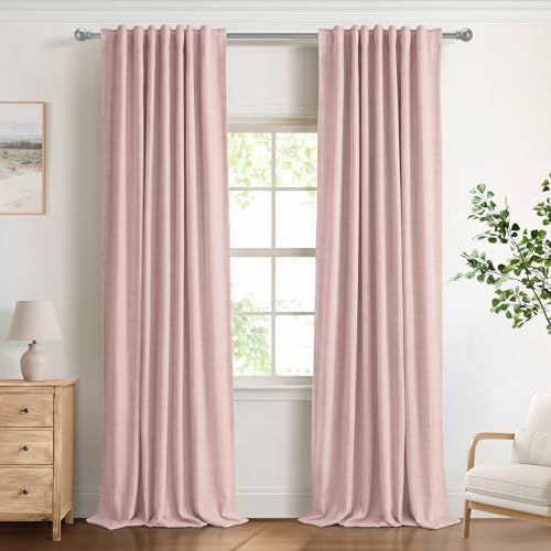 DEFYNEE Rideaux 100% Occultants avec Œillets, Texture de Lin Discret - Set de 2 - H245 x B140 cm -Rideaux Anti-Vue avec Passants pour Chambre à Coucher ou Salon,Rose Poudré