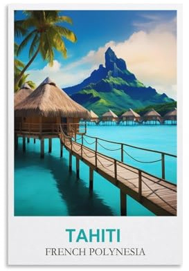 kits de peinture par numéros pour adultes Affiche de voyage Tahiti Polynésie française Peinture à l'huile avec pinceaux - Peinture pour adultes - Sans cadre - Pour décoration d'intérieur 20x30cm