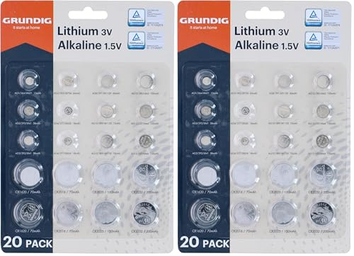 Grundig 85572 - Pack de Pilas de botón, 20 Unidades, Color Blanco y Azul (Paquete de 2)