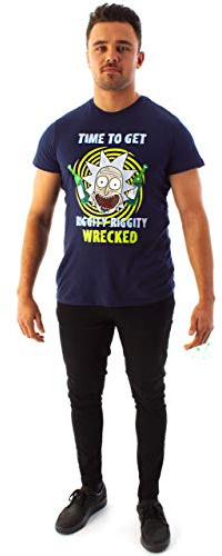 RICK AND MORTY Men's T-Shirt Riggity Riggity Wrecked Short Sleeve Blue Tee