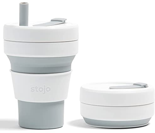 STOJO On-The-Go Biggie Collapsible Coffee Cup - 16oz / 473ml - Reusable & Foldable Silicone Travel Mug with Lid - Portable, Pocket Size - Dishwasher Safe - Dove