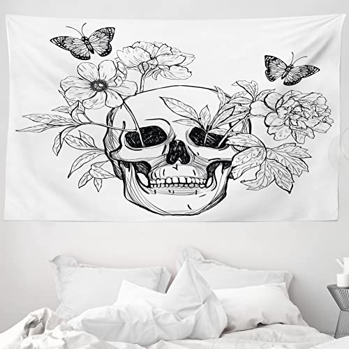 ABAKUHAUS Totenkopf Wandteppich und Tagesdecke, Schädel Schmetterlinge aus Weiches Mikrofaser Stoff Waschbar ohne Verblassen Digitaldruck, 230 x 140 cm, Schwarz Weiß
