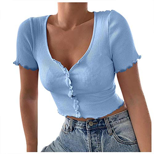 YEBIRAL Damen Crop Top mit Knopf Kurzarm T-Shirt Sommer Sexy Knit V-Ausschnitt Einfarbig Kurz Tanktops Basic Shirts Bauchfrei Oberteile Blusentops