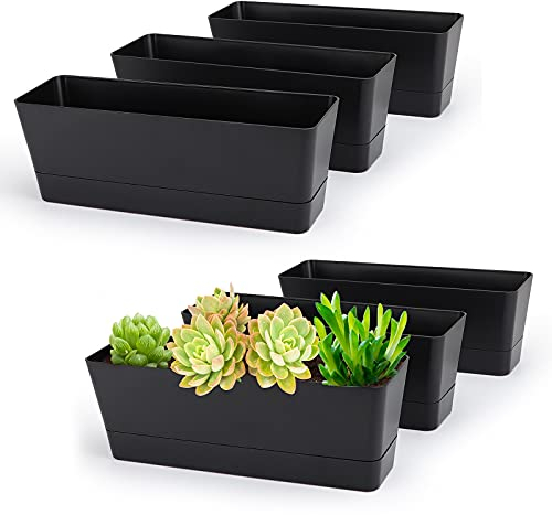 GREANER 6 Stück Kräuter-Pflanzgefäße, 30,5 x 9,5 cm, schwarz, rechteckige Fensterboxen mit Tablett, Sukkulenten, Kaktusminze, Kunststofftopf für Fensterbank, Balkon, Büro, Garten