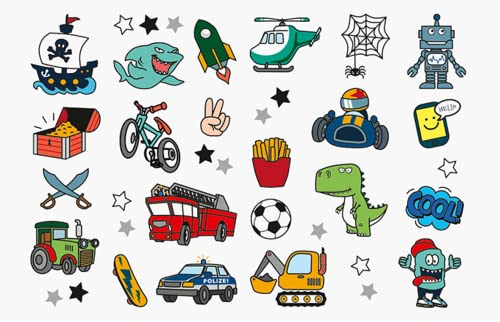 MINICO Premium Kinder Tattoo Set, dermatologisch getestet [dermatest® / Juni 2023], temporär, perforiert, hautfreundlich, leicht entfernbar, für Mädchen u. Jungs, Jungen, 30 Motive