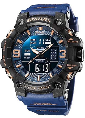 SMAEL Herren Militäruhren Outdoor Sport Uhr Wasserdicht LED Datum Alarm Digital Analog Armbanduhr für Männer, Blau, Large Face, Digital