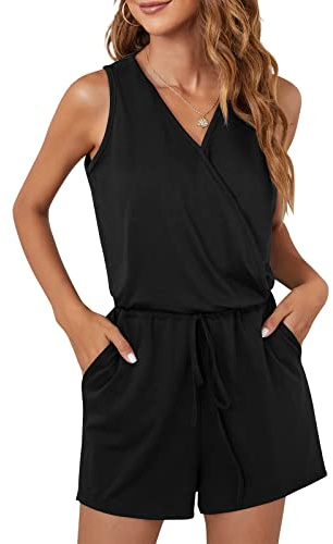 Leezepro Women Ladies Playsuit Jumpsuits Dungarees for Women Summer Elegant V Neck Casual Short Rompers with Pockets Mini Playsuit