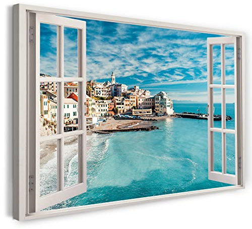 Printistico Bilder Fensterblick 100x70cm Baumwoll-Leinwand auf Keilrahmen mit Aufhänger moderner Kunstdruck XXL Wandbilder Wand-Dekoration Stadt am Meer Italien Hellblau Urlaub - Natur-Fotografie